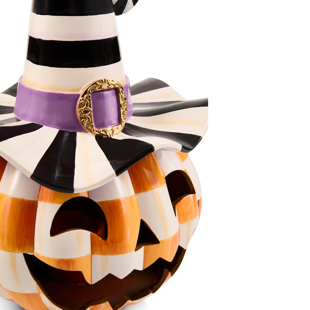 Cuddle Decor Mackenzie Childs Orange Check Happy Jack Illuminated Pumpkin 17.5" close up