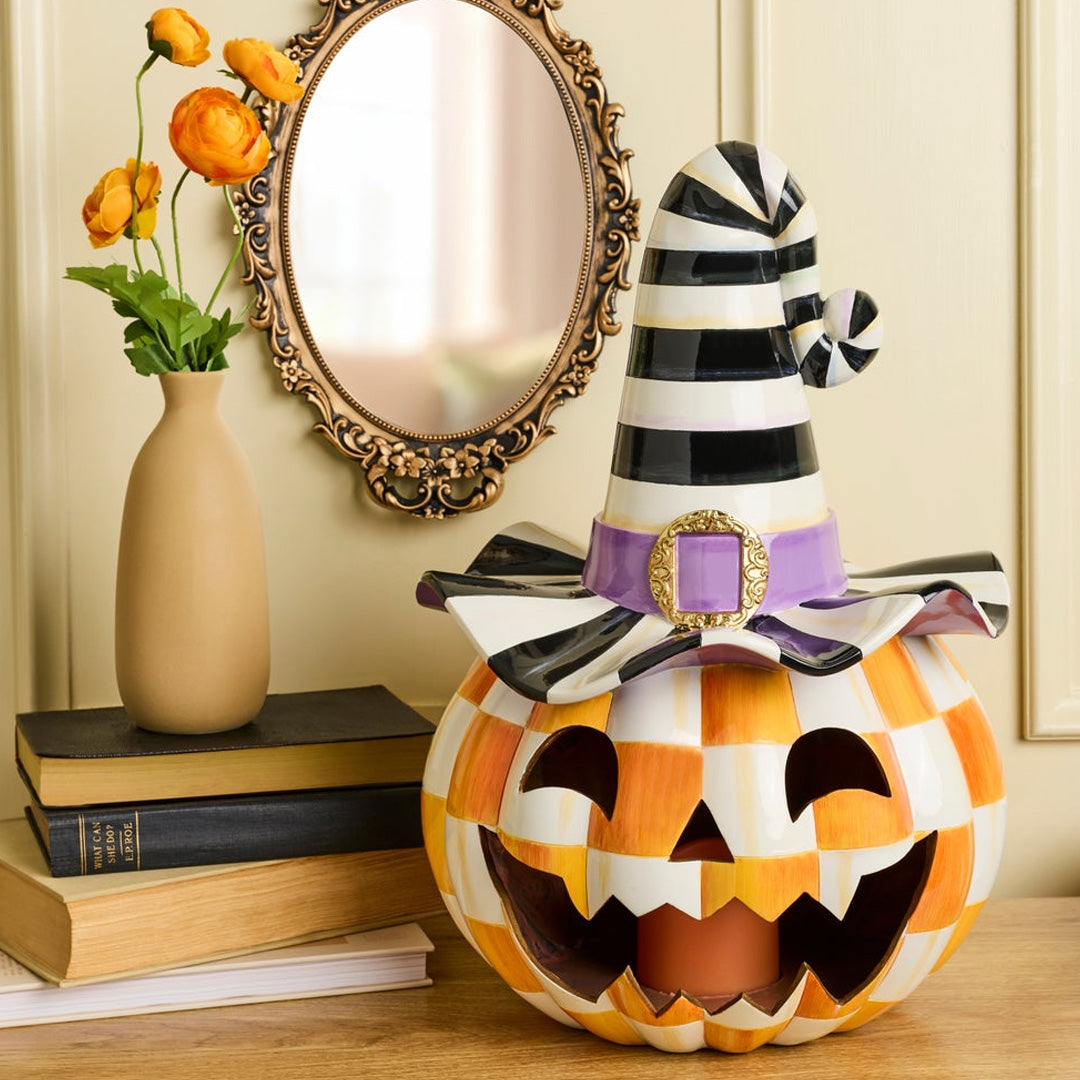 Cuddle Decor Mackenzie Childs Orange Check Happy Jack Illuminated Pumpkin 17.5" lifestyle