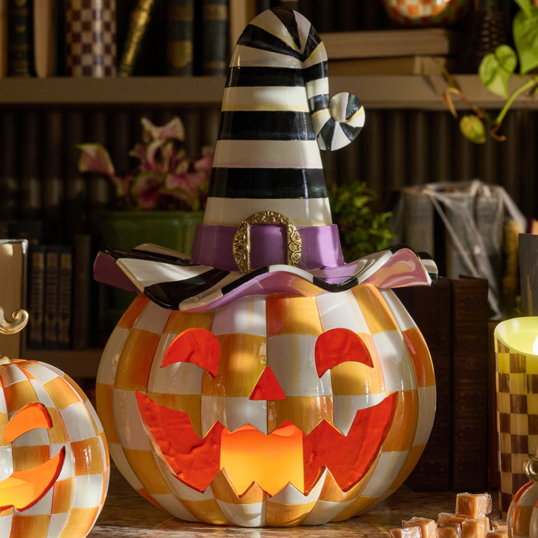 Cuddle Decor Mackenzie Childs Orange Check Happy Jack Illuminated Pumpkin 17.5" lifestyle