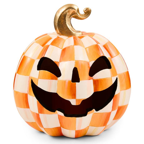 Cuddle Decor Mackenzie Childs Orange Check Small Illuminated Jack O Lantern 8.5" front