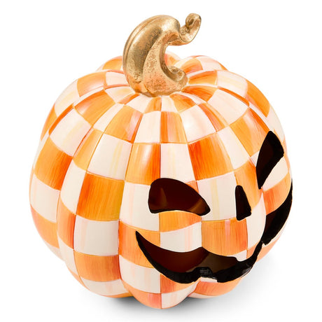 Cuddle Decor Mackenzie Childs Orange Check Small Illuminated Jack O Lantern 8.5" close up
