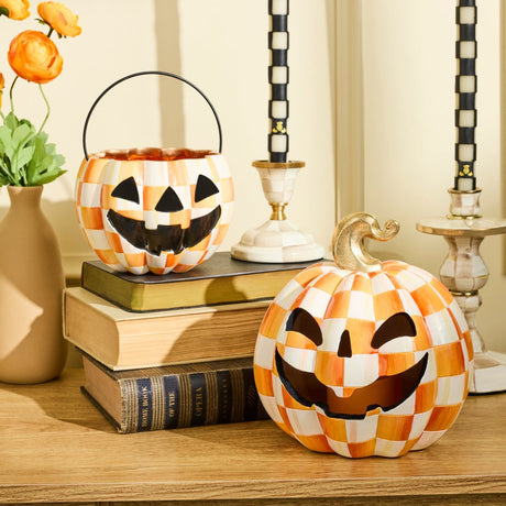 Cuddle Decor Mackenzie Childs Orange Check Small Illuminated Jack O Lantern 8.5" lifestyle