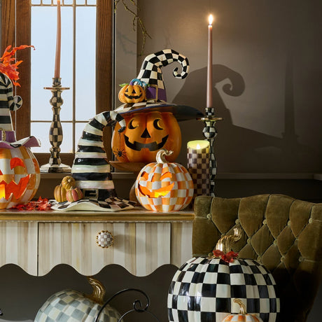Cuddle Decor Mackenzie Childs Orange Check Small Illuminated Jack O Lantern 8.5" lifestyle