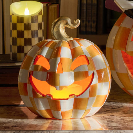 Cuddle Decor Mackenzie Childs Orange Check Small Illuminated Jack O Lantern 8.5" lifestyle