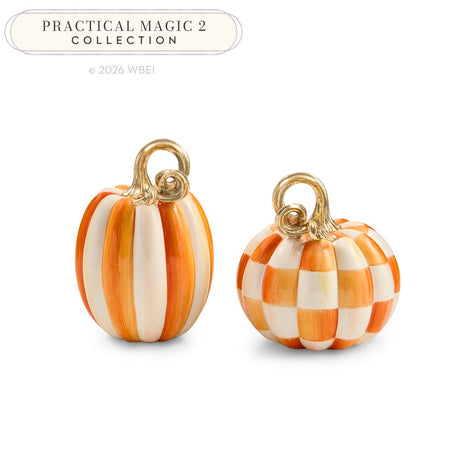 Cuddle Decor Mackenzie Childs Orange Check and Stripe Petite Pumpkins - Set of 2 front