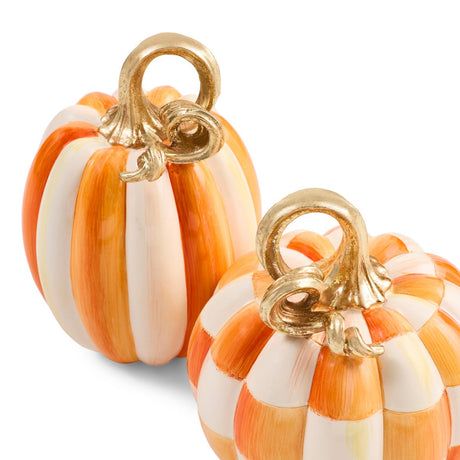 Cuddle Decor Mackenzie Childs Orange Check and Stripe Petite Pumpkins - Set of 2 close up