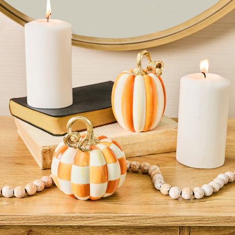 Cuddle Decor Mackenzie Childs Orange Check and Stripe Petite Pumpkins - Set of 2 lifestyle