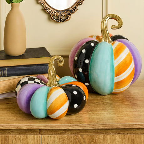 Cuddle Decor Mackenzie Childs Whimsy Patchwork Small Squashed Pumpkin 6.5" lifestyle