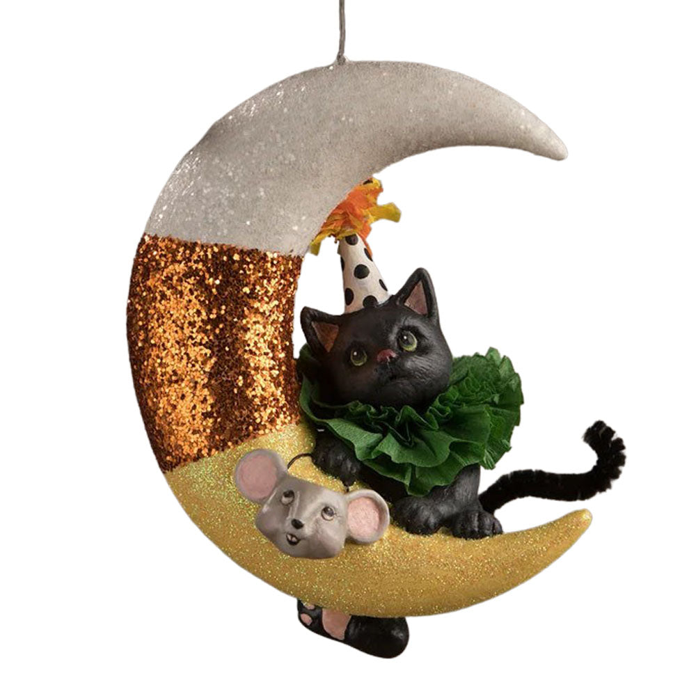 Party Kitty on Candy Corn Moon Halloween Ornament by Bethany Lowe front