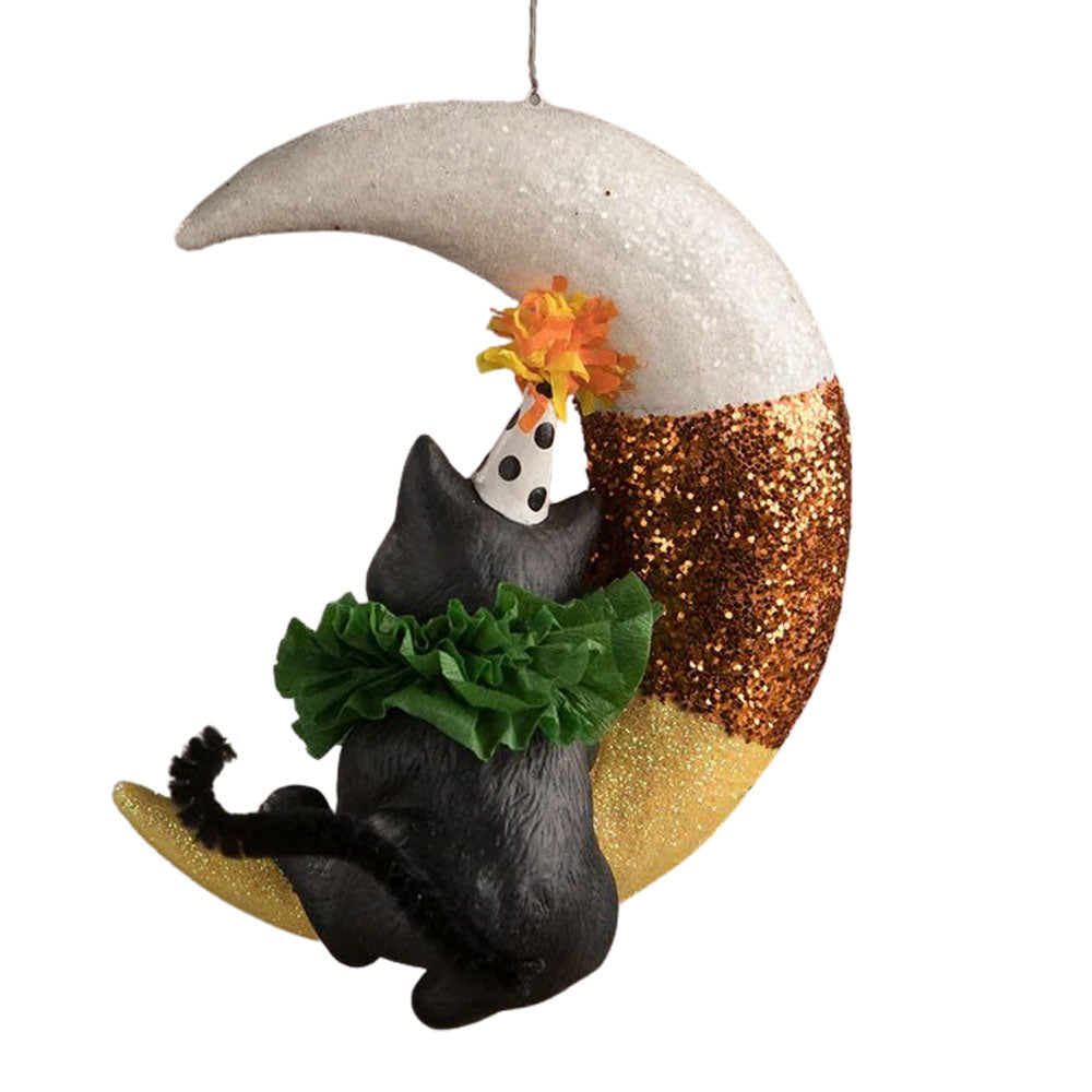 Party Kitty on Candy Corn Moon Halloween Ornament by Bethany Lowe back