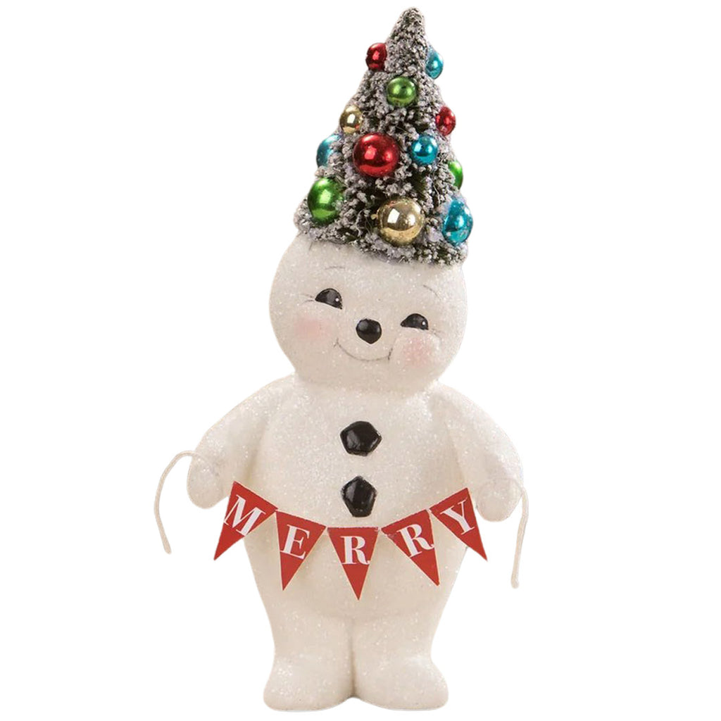 Retro Merry Snowman With Tree Christmas Figurine by Bethany Lowe front white