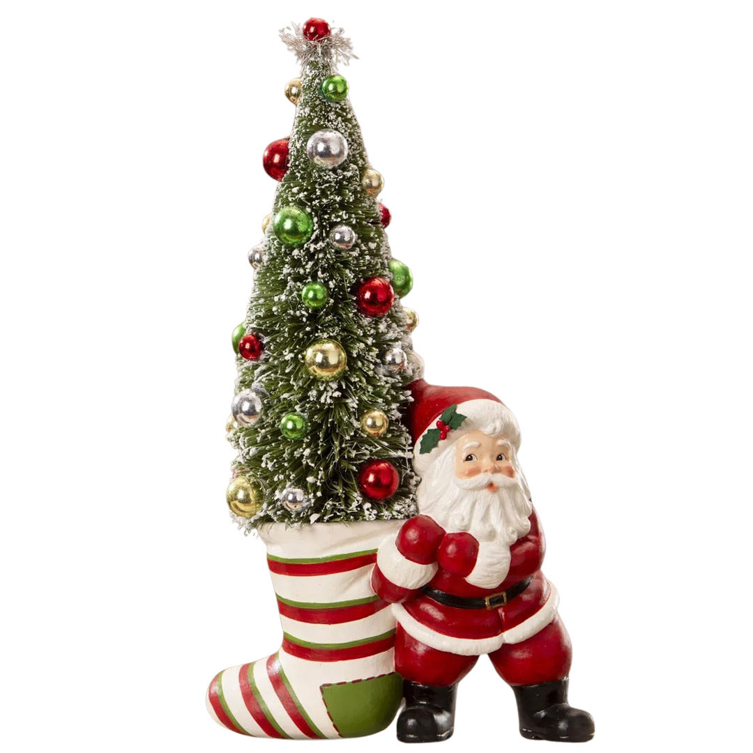 Bethany Lowe Retro Santa Pulling Stocking front white