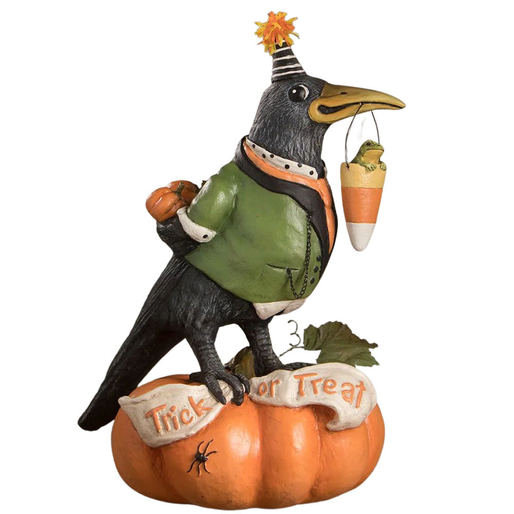 Tricky Crow on Pumpkin Halloween Table Decoration by Bethany Lowe side