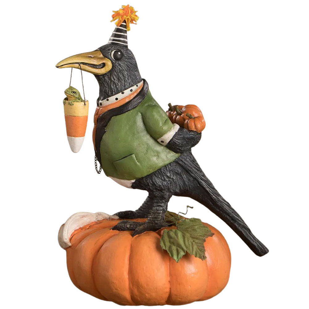Tricky Crow on Pumpkin Halloween Table Decoration by Bethany Lowe side side