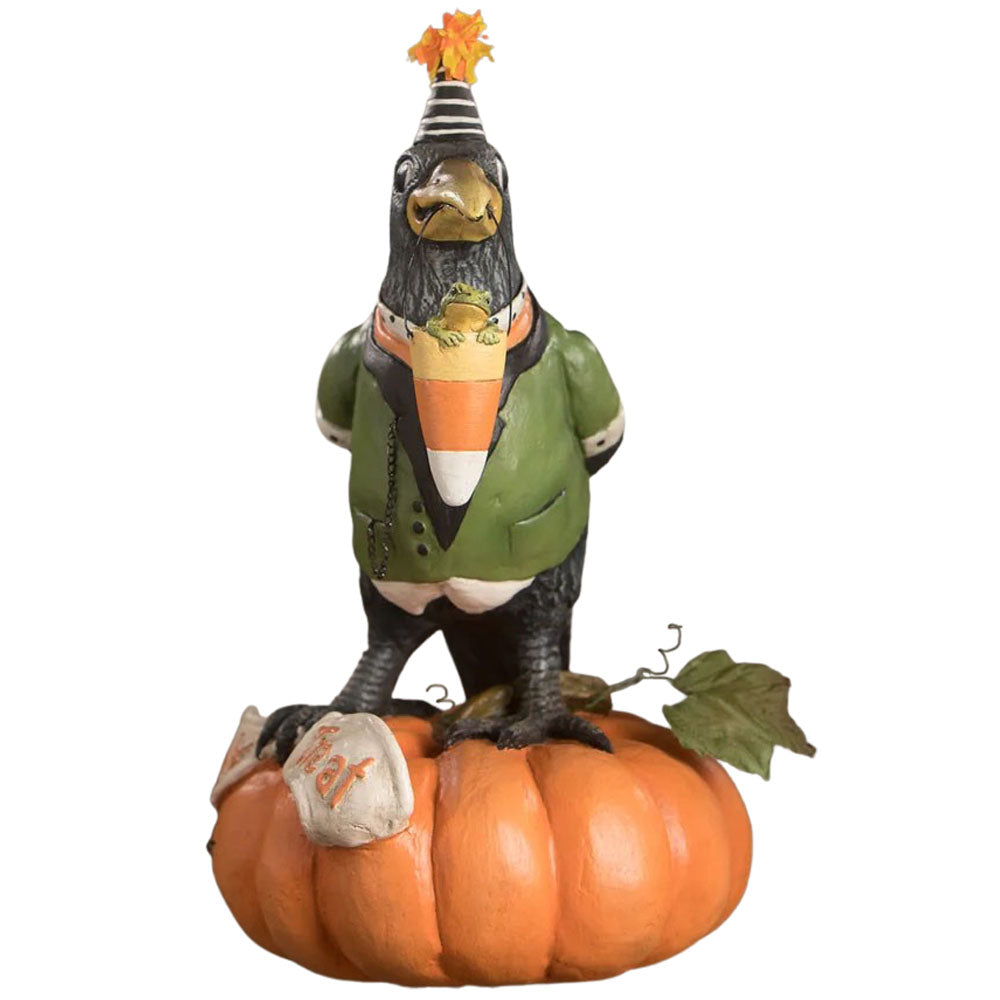 Tricky Crow on Pumpkin Halloween Table Decoration by Bethany Lowe side front