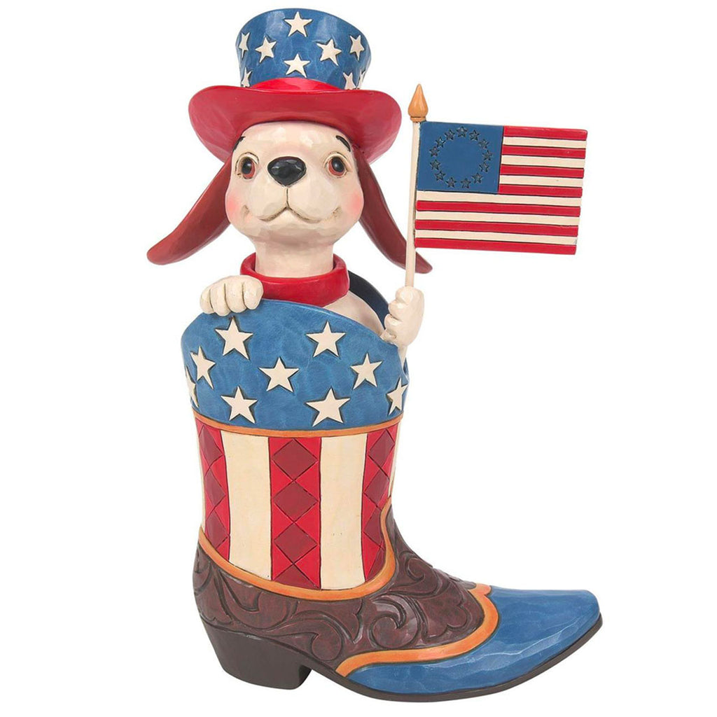 Jim Shore Boot with Dog Holding Flag Figurine 9.25" front