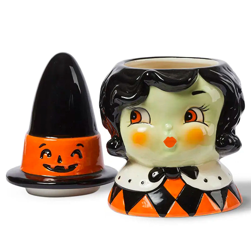 Johanna Parker Carnival Cottage Witch Canister Black Hair 8.27" opened