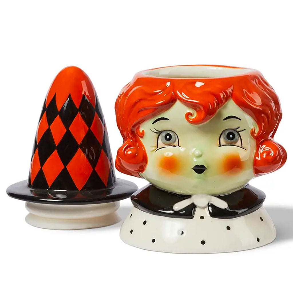 Johanna Parker Carnival Cottage Witch Canister Red Hair 8.27" opened