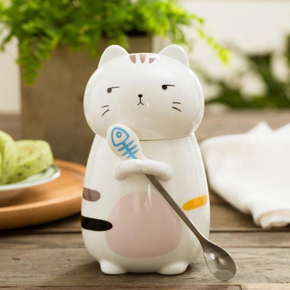 Cat 3D Ceramic Mugs with Spoon - set of 4
