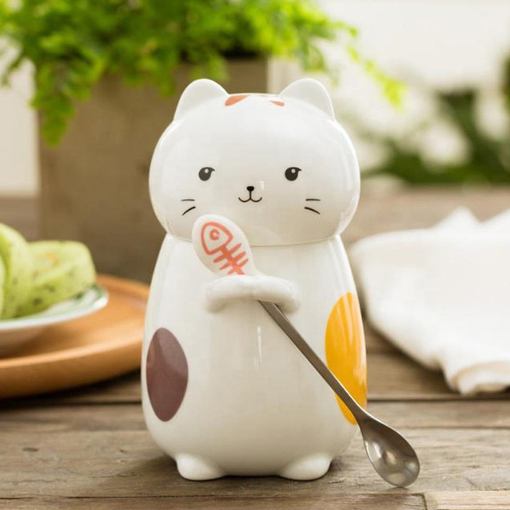 Cat 3D Ceramic Mugs with Spoon - set of 4