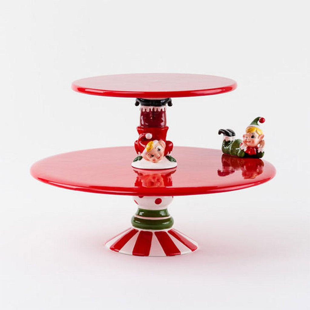 Elf Tiered Pedestal Cake Plate and Decorative Christmas Tiered Tray