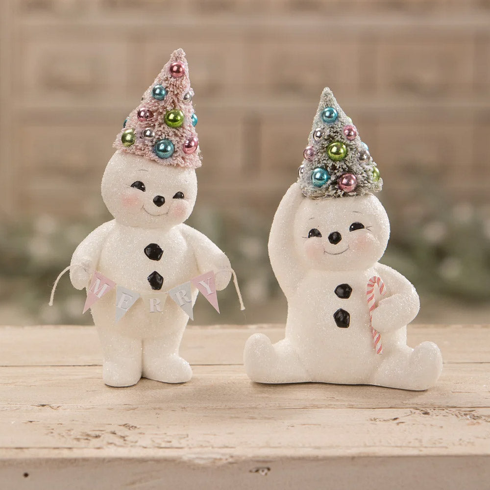Pastel Merry Snowman With Tree Christmas Figurine Bethany Lowe  set