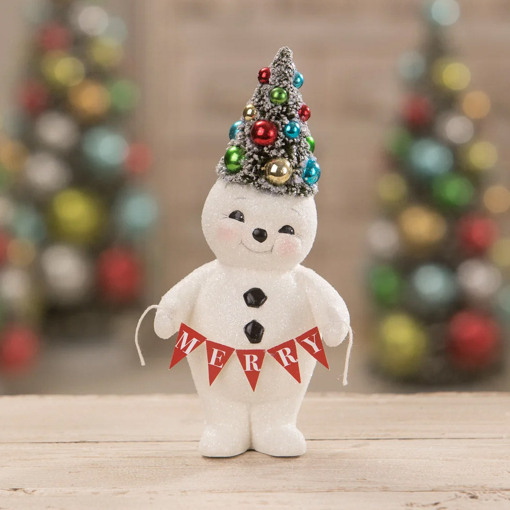 Retro Merry Snowman With Tree Christmas Figurine by Bethany Lowe