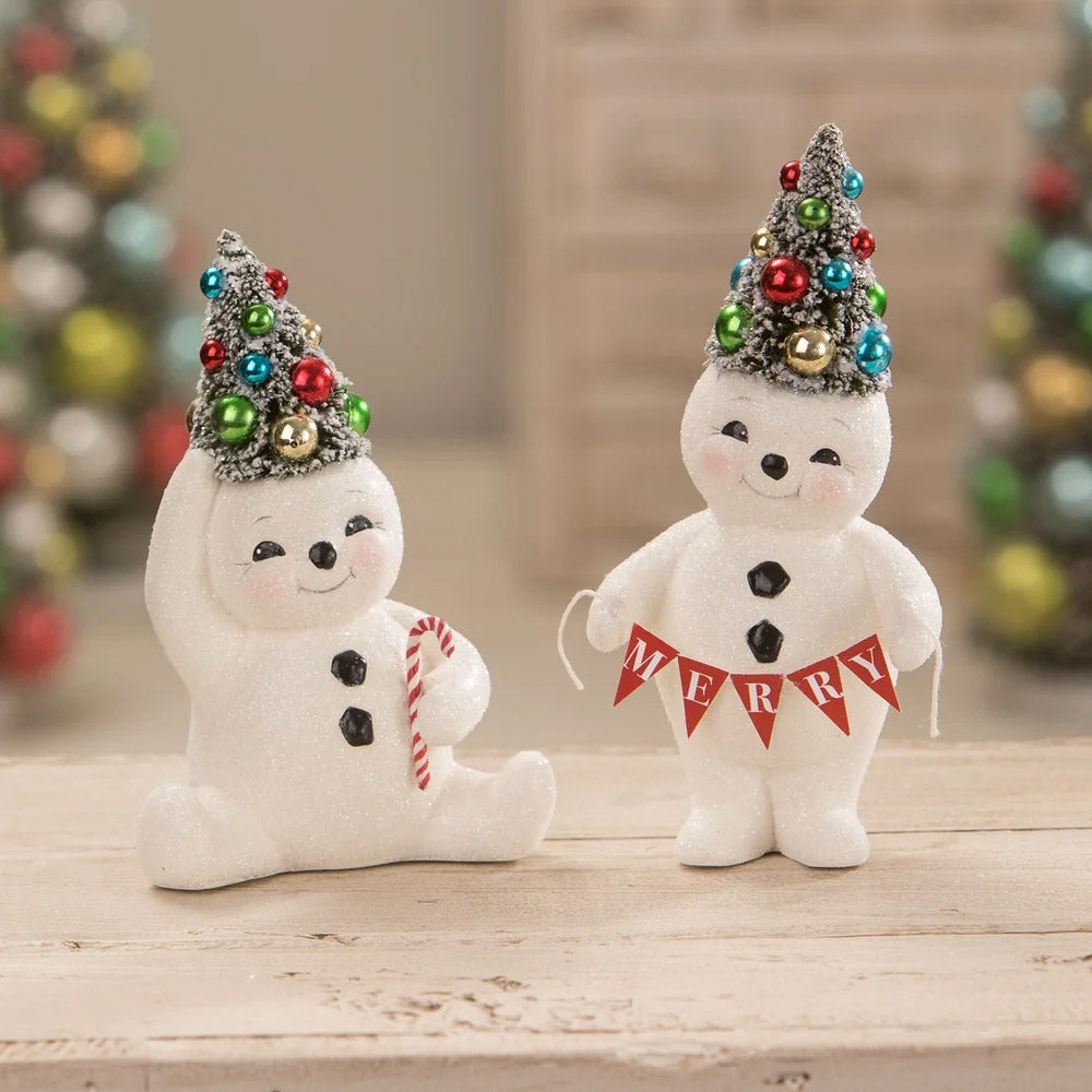 Retro Merry Snowman With Tree Christmas Figurine by Bethany Lowe set