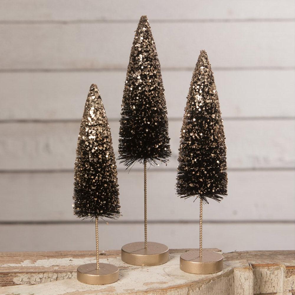 Black Bottle Brush  Halloween Trees With Gold Glitter by Bethany Lowe