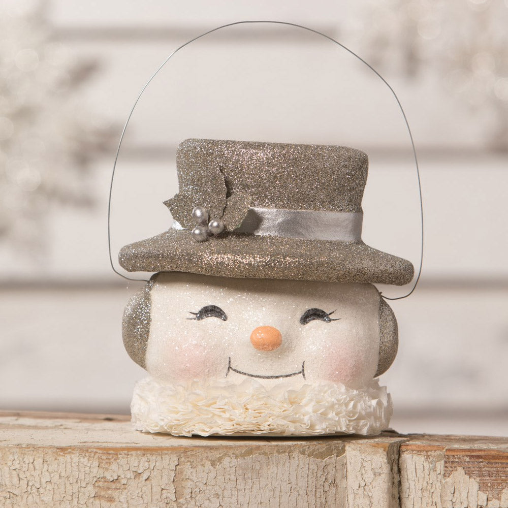 Happy Platinum Snowman Paper Mache Bucket Medium by Bethany Lowe, Christmas bucket