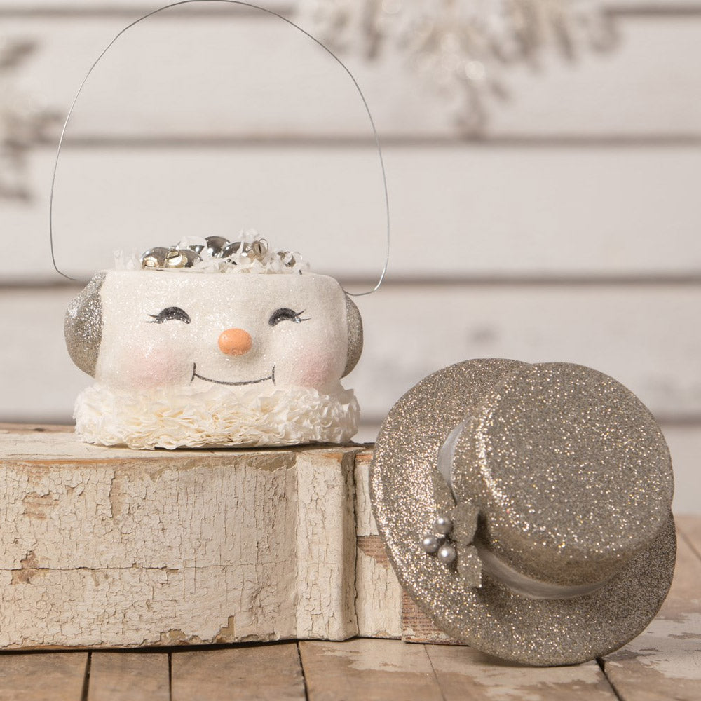 Happy Platinum Snowman Paper Mache Bucket Medium by Bethany Lowe