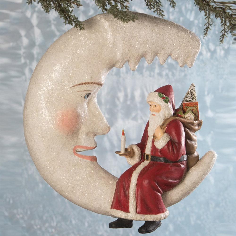 Santa on Icicle Moon Large Ornament by Bethany Lowe, Christmas Ornaments