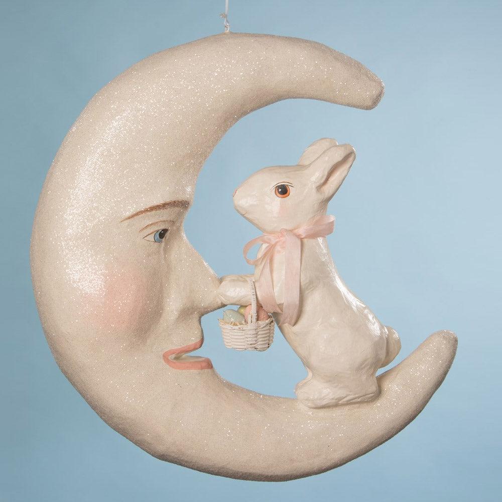 Bunny Kisses on Moon Large Paper Mache Ornament, Easter Ornaments
