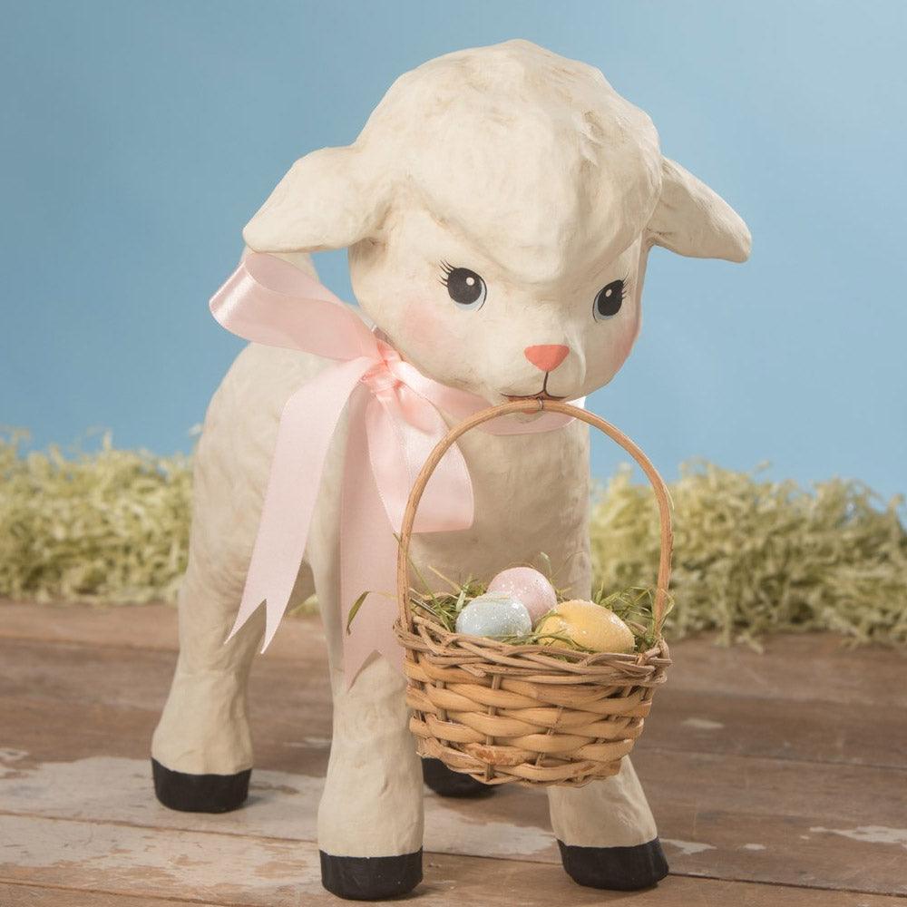 Spring Lamb With Basket Medium Paper Mache by Bethany Lowe Designs