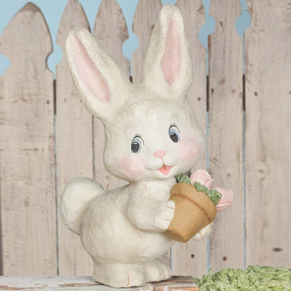 White Bunny With Flowers Large Paper Mache
