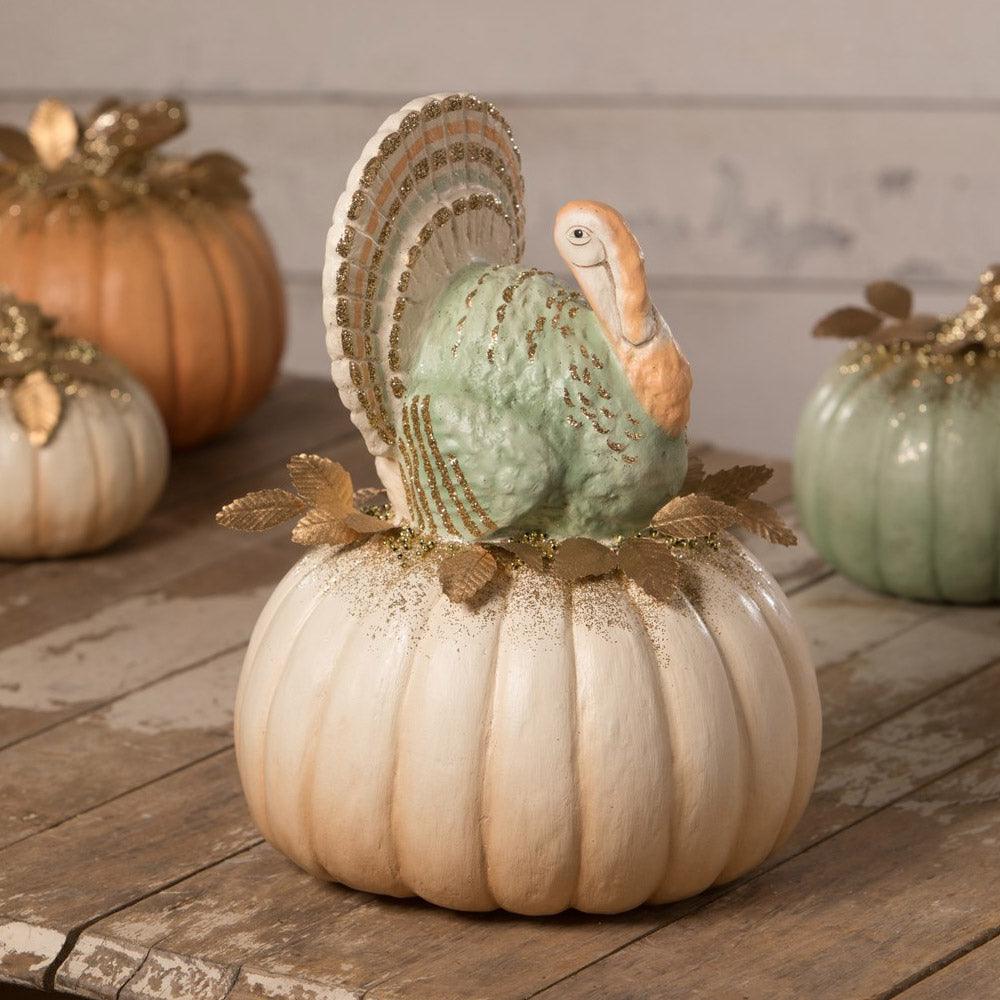 Elegant Turkey on Pumpkin Figurine by Bethany Lowe Designs