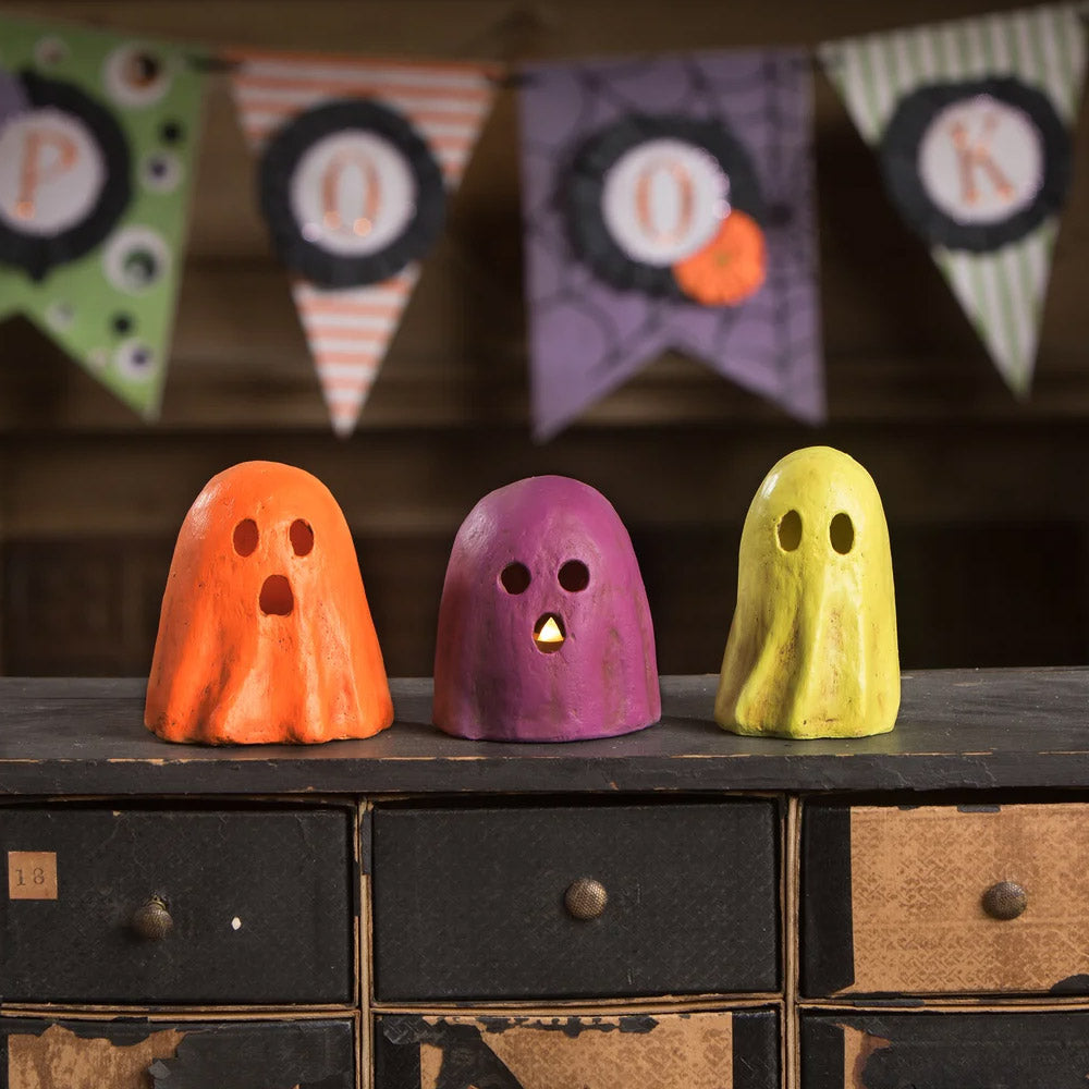 Ghoulish Purple Ghost Luminary Halloween Decor by Bethany Lowe Designs set 1