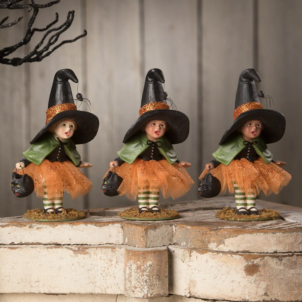 Little Malorie Witch with Spider Halloween Figurine by Bethany Lowe set