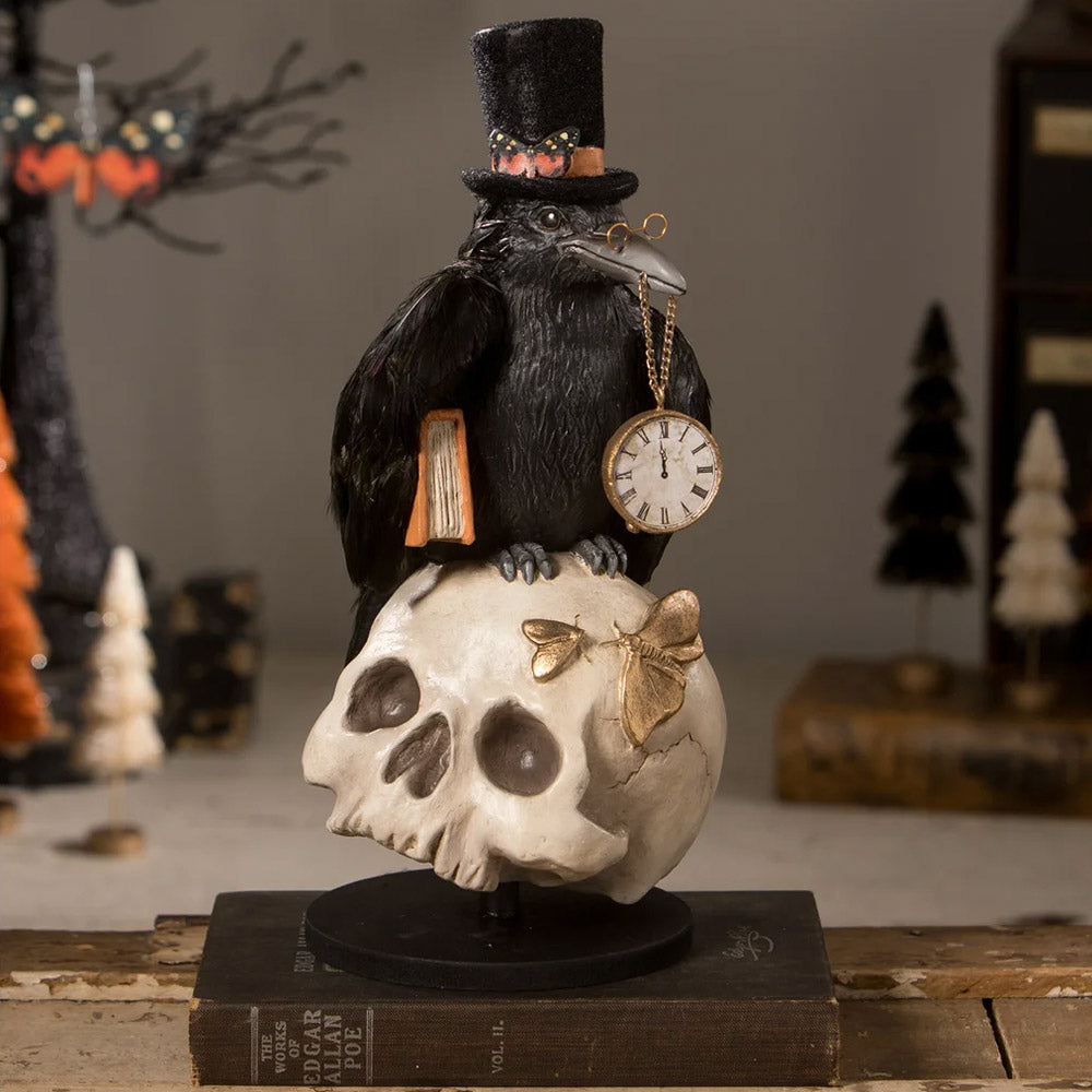 Midnight Crow On Skull Halloween Decoration by Bethany Lowe Designs front