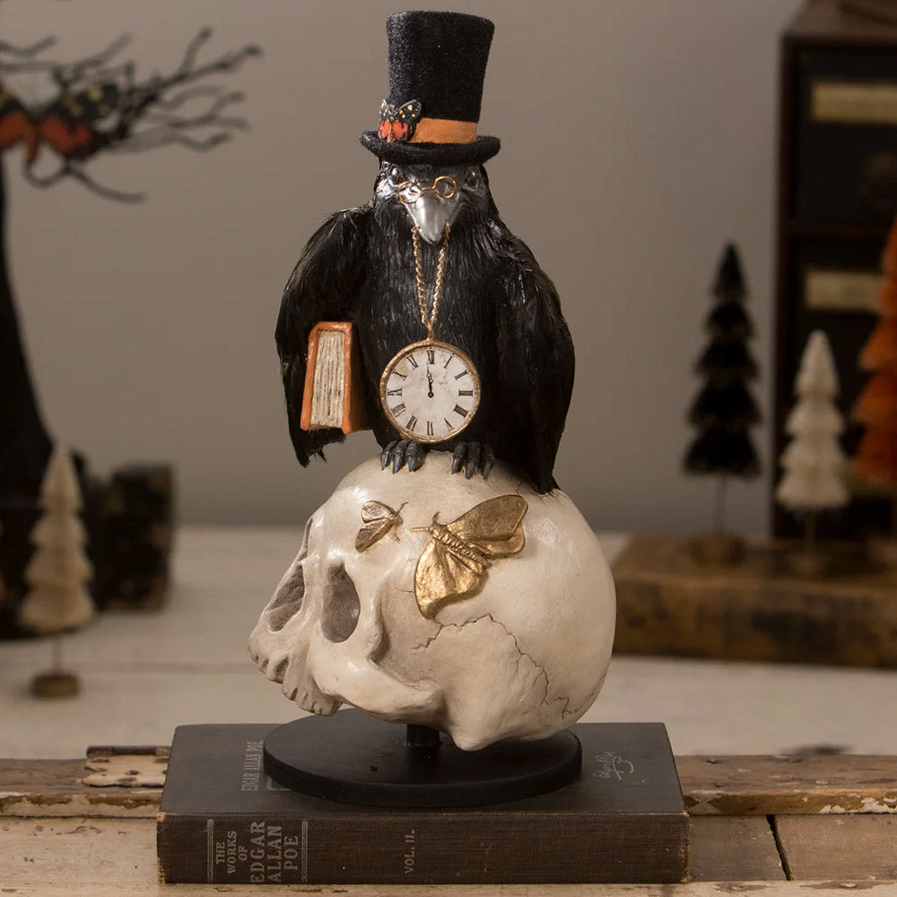 Midnight Crow On Skull Halloween Decoration by Bethany Lowe Designs front