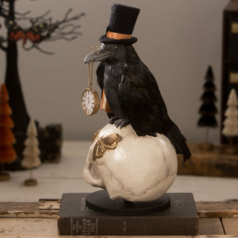 Midnight Crow On Skull Halloween Decoration by Bethany Lowe Designs side