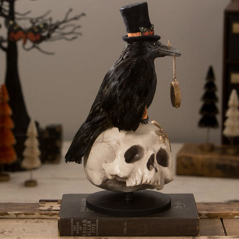 Midnight Crow On Skull Halloween Decoration by Bethany Lowe Designs side