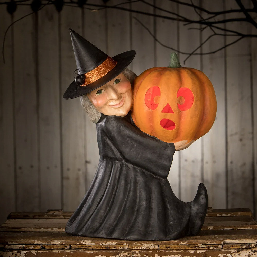 Witch With Pumpkin Large Paper Mache Halloween Figurine by Bethany Lowe front
