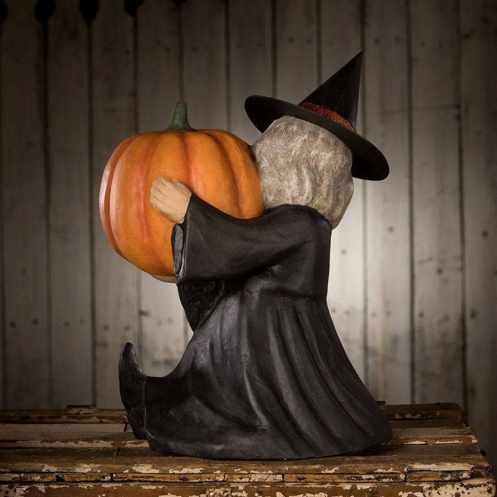 Witch With Pumpkin Large Paper Mache Halloween Figurine by Bethany Lowe back