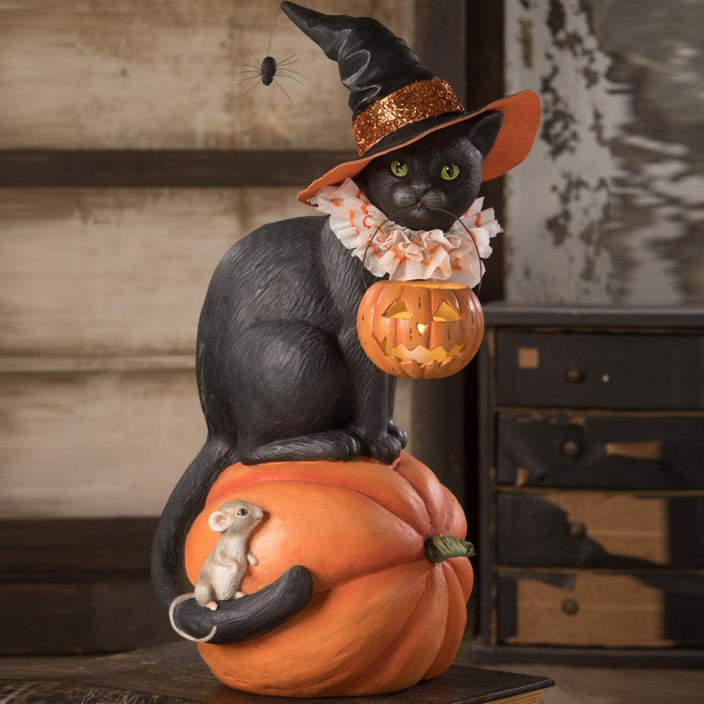 Black Cat Witch On Pumpkin Halloween Decor by Bethany Lowe Designs 
