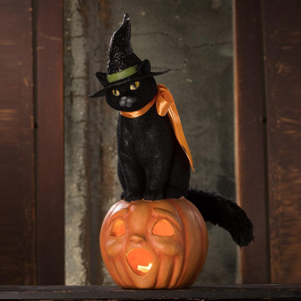Black Cat Witch on Jack O'Lantern Halloween Decor by Bethany Lowe