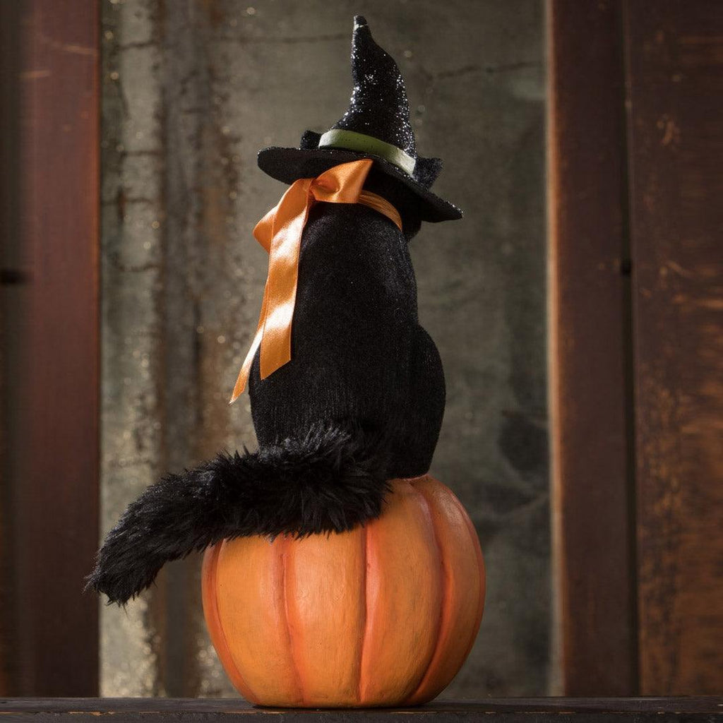 Black Cat Witch on Jack O'Lantern Halloween Decor by Bethany Lowe back