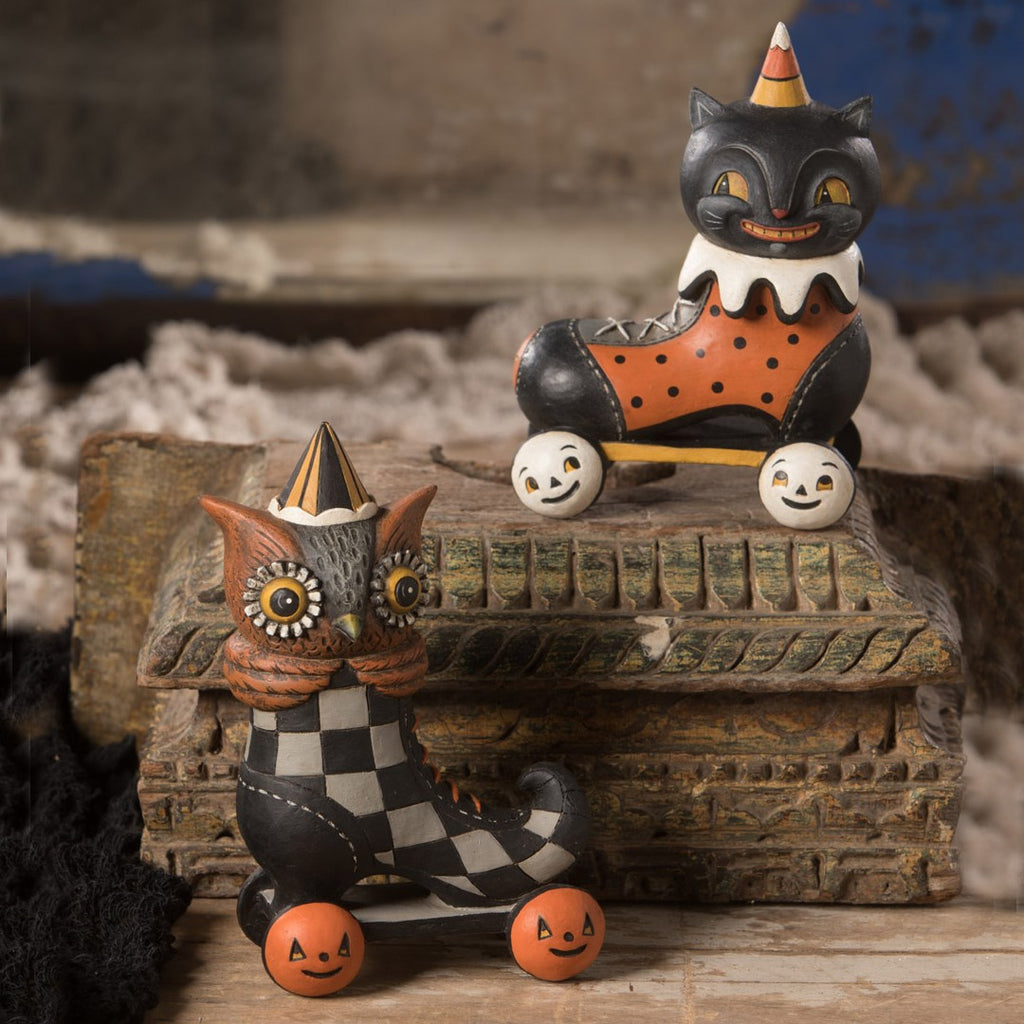 Roller Spook Cat Scooter Folk Art Figurine by Johanna Parker set