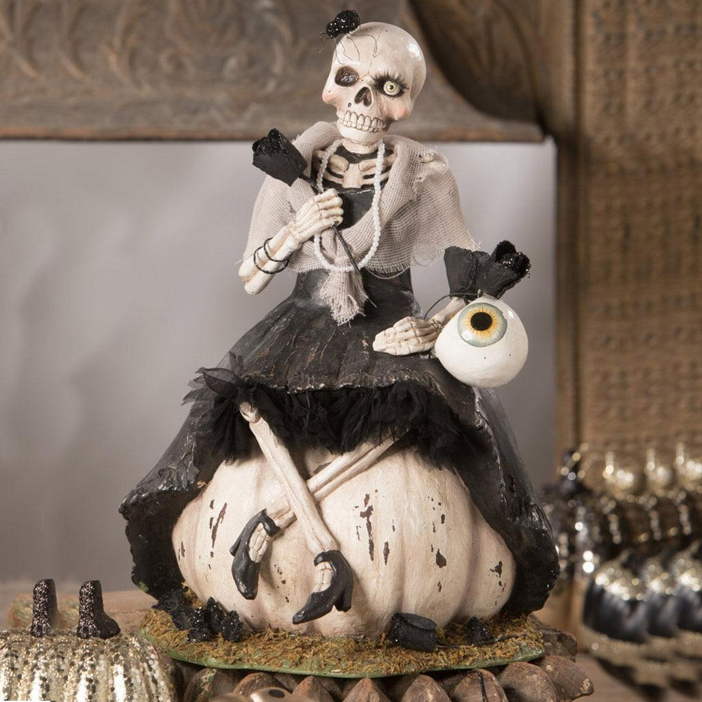 Miss Skeleton On Pumpkin Halloween Figurine by Bethany Lowe Designs 