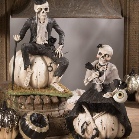 Miss Skeleton On Pumpkin Halloween Figurine by Bethany Lowe Designs  set